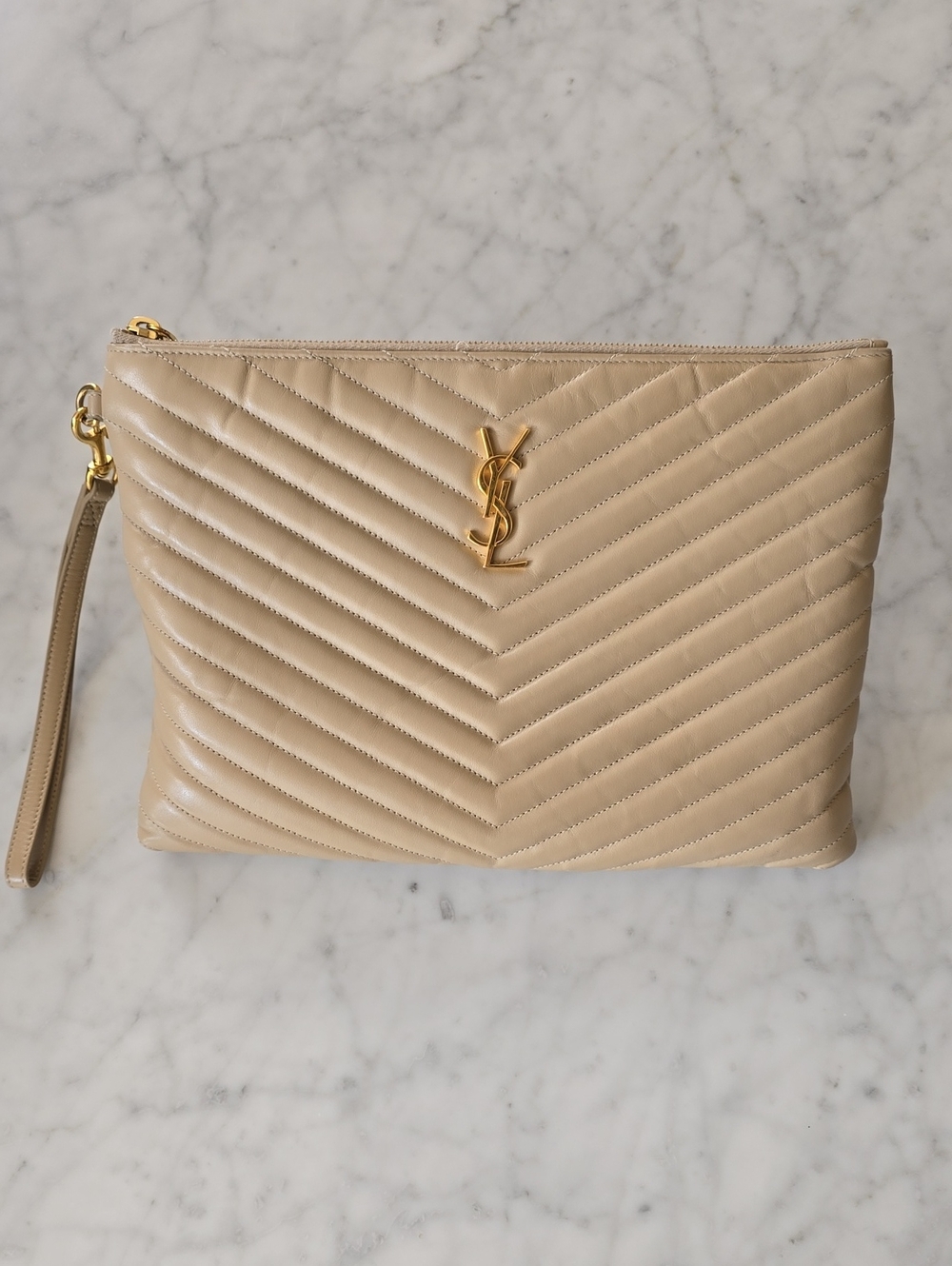 Saint Laurent Beige Quilted Leather Wristlet Clutch